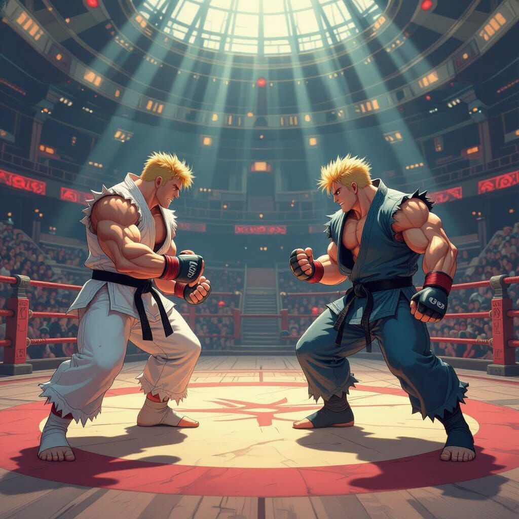 Ken and Guile Battle in Street Fighter Arena Comic Style