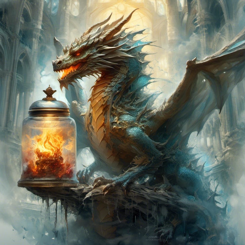 Luminous Dragon Protecting Crystal Jar, Watercolor Style