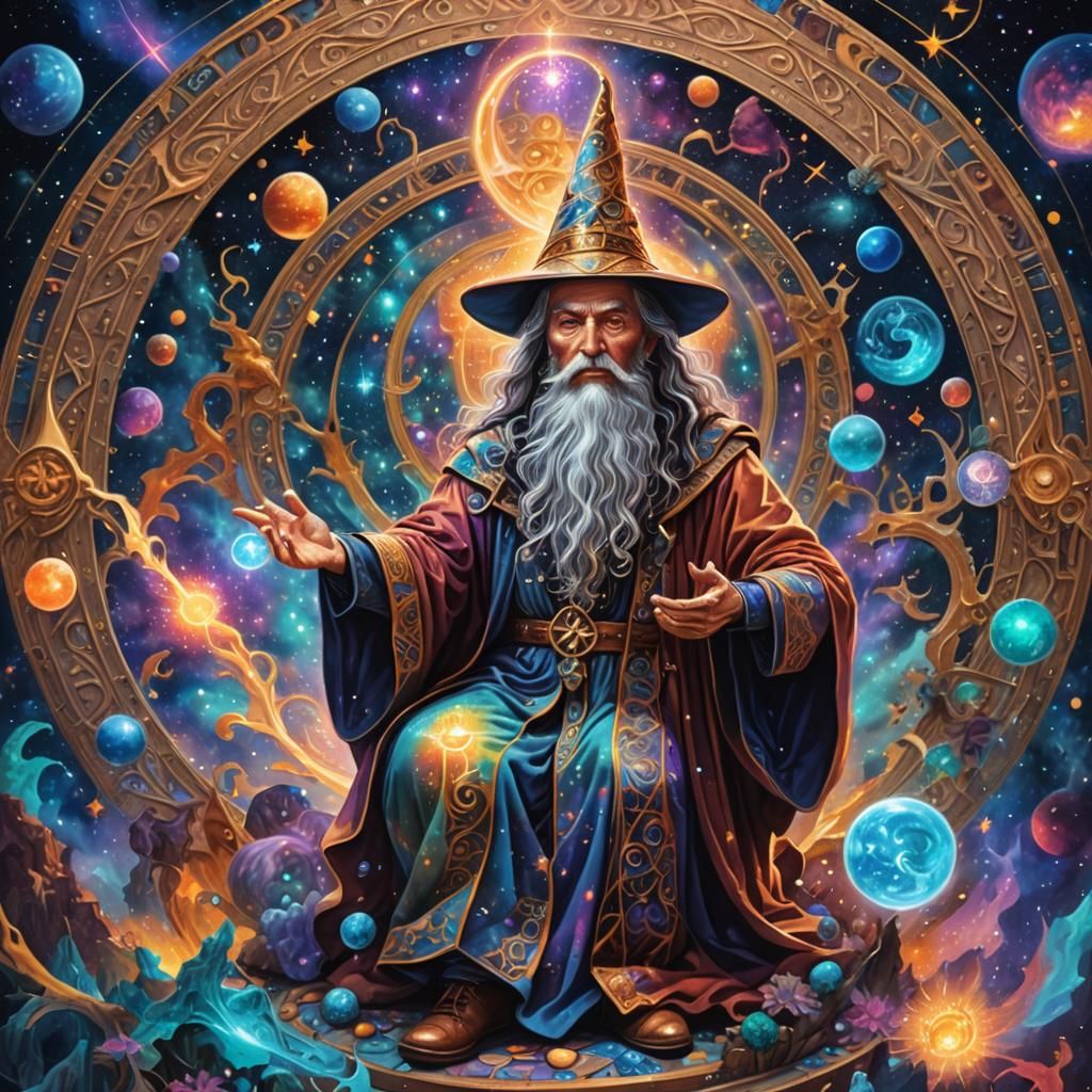 Wizard Casting Cosmic Magic: Pablo Amaringo Style