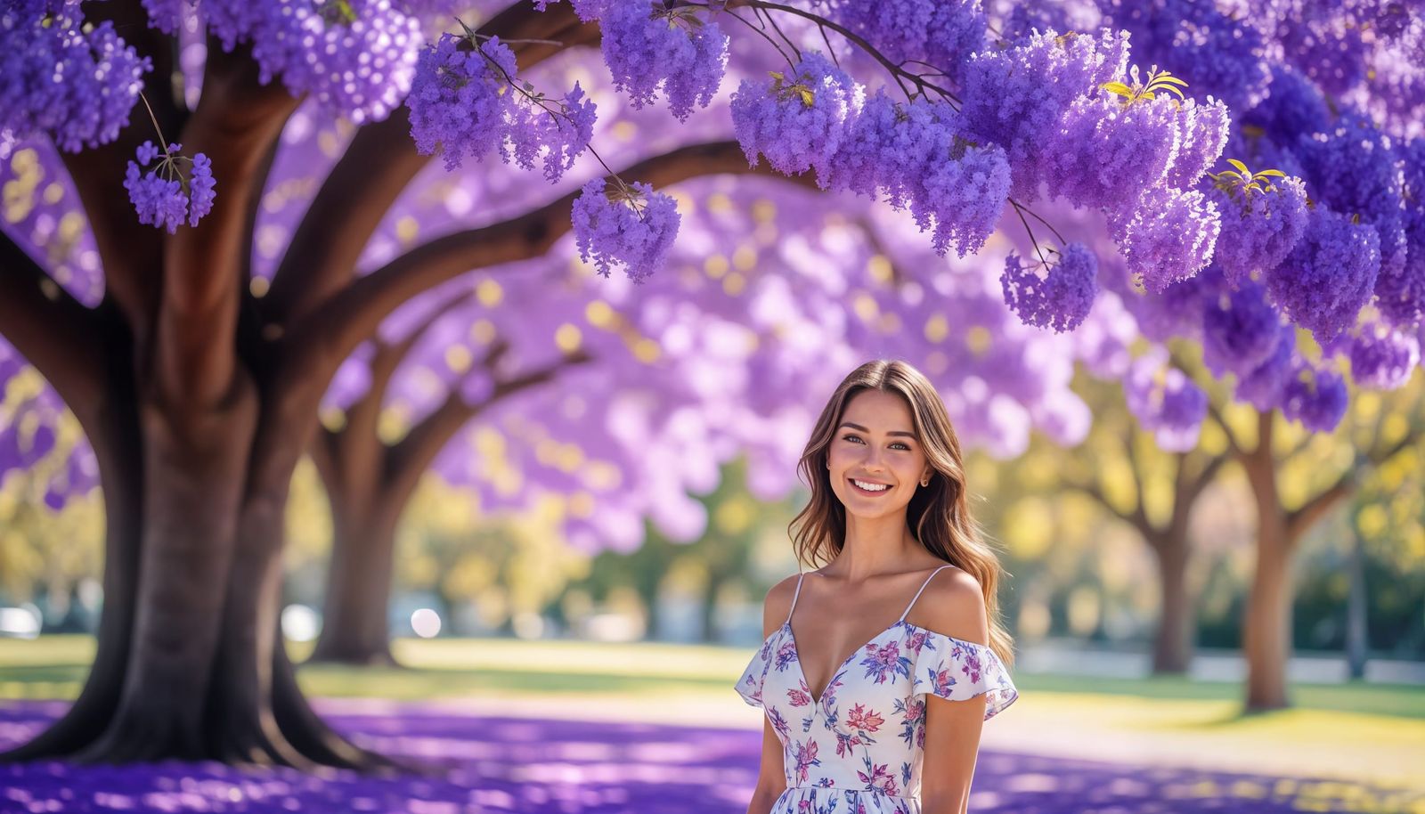 Joyful Woman Under Blooming Jacaranda Tree