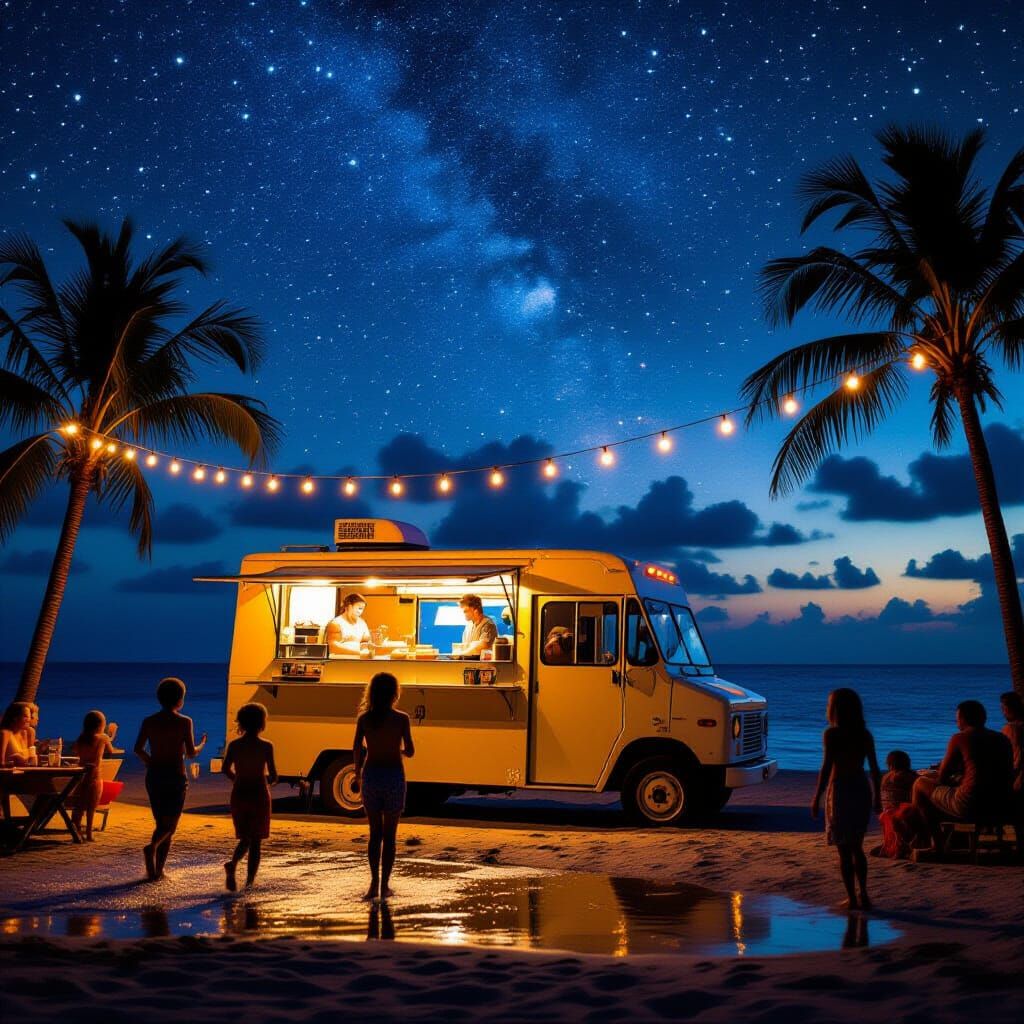 Majestic Food Truck at Beach Party Under Starry Sky