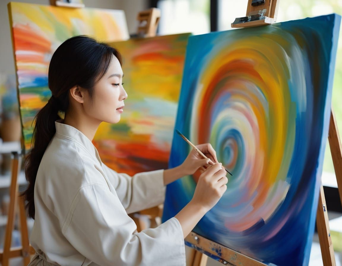 Asian Woman Artist Paints Abstract Self-Portrait