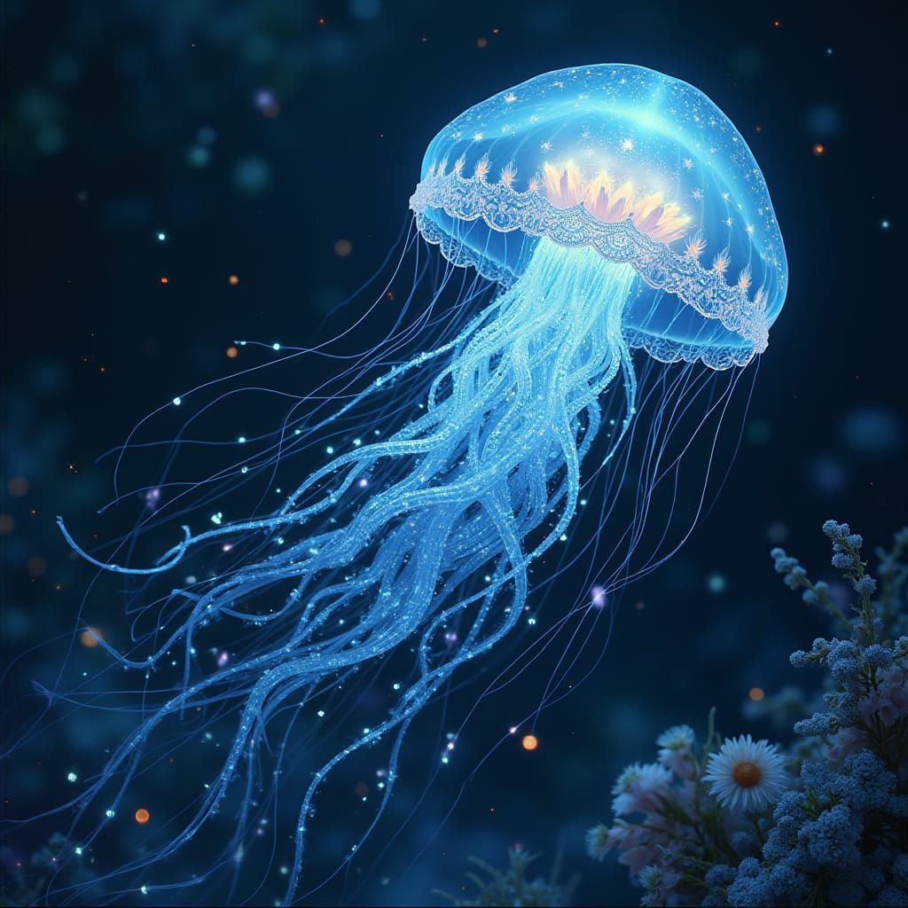 Bioluminescent Jellyfish Drifting in Ethereal Ocean