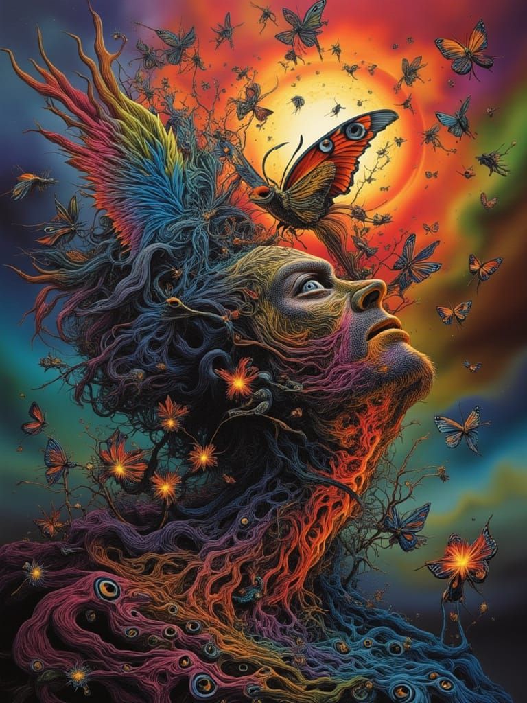 Man with Peacock Mutation and Fractal Face in Dreamscape