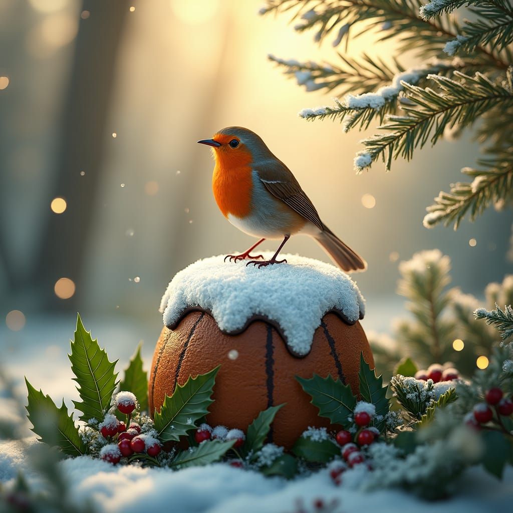 Robin Redbreast on Christmas Pudding, Art Nouveau Style