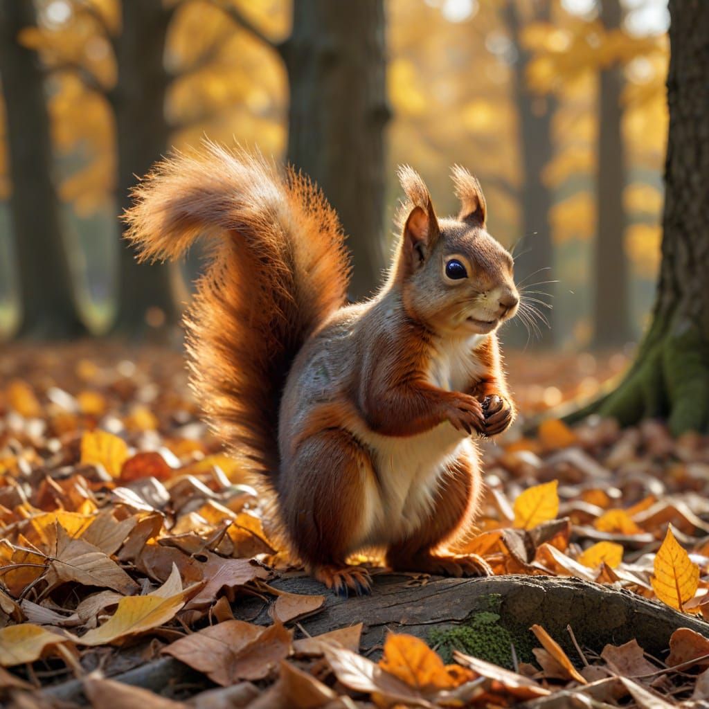 Curious Red Squirrel Amidst Autumn Leaves