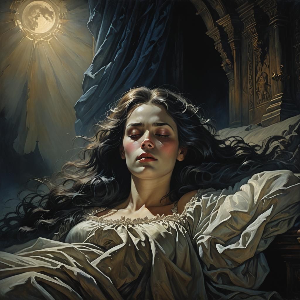 Ethereal Woman Sleeping in Dark Castle Bedroom