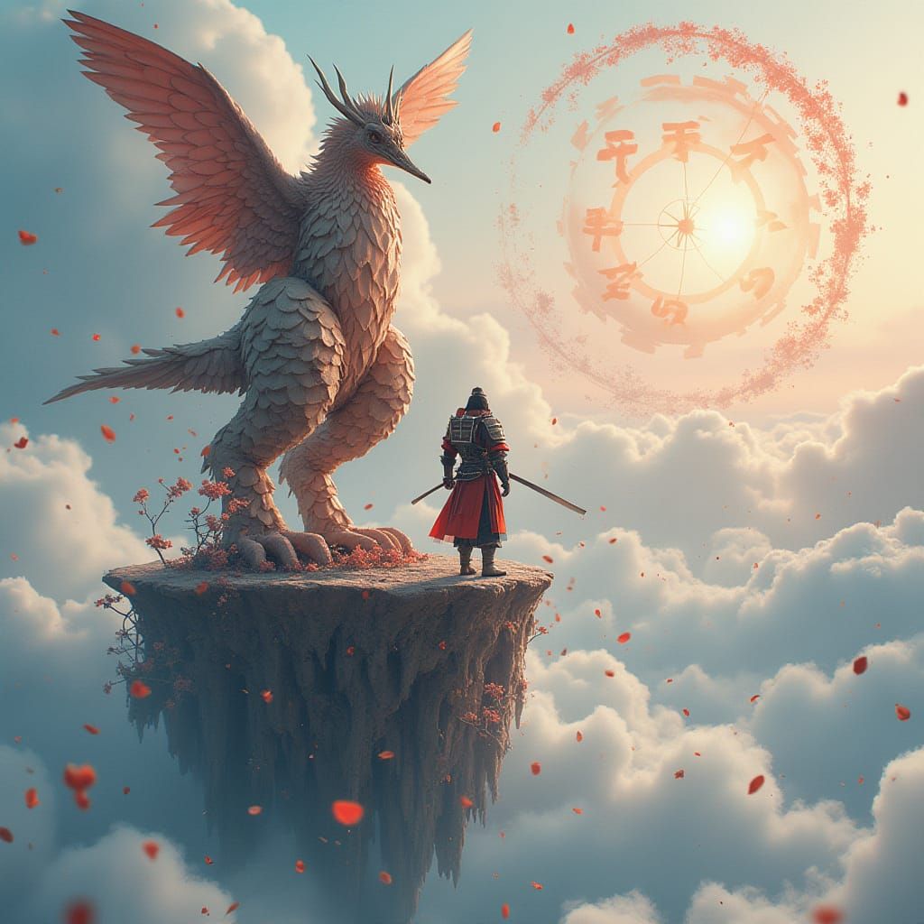 Samurai and Clockwork Crane on Floating Island