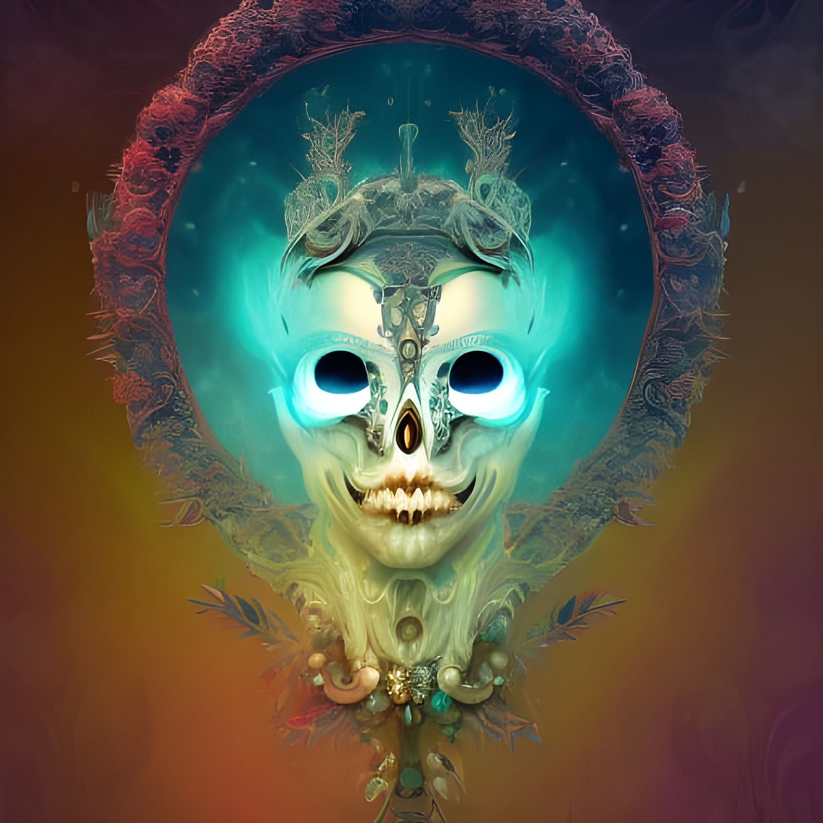 Venetian Mask Skull with Peacock Feathers in Cyberpunk Style