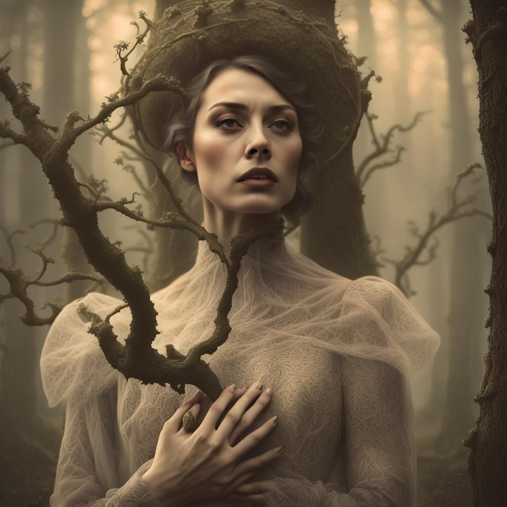 Ethereal Woman Embraces Tree in Surrealist Forest
