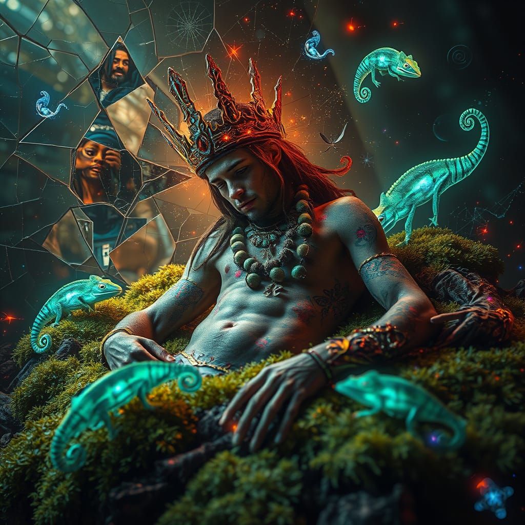 Mystical Prince on Bioluminescent Moss in Bio-Art Collage