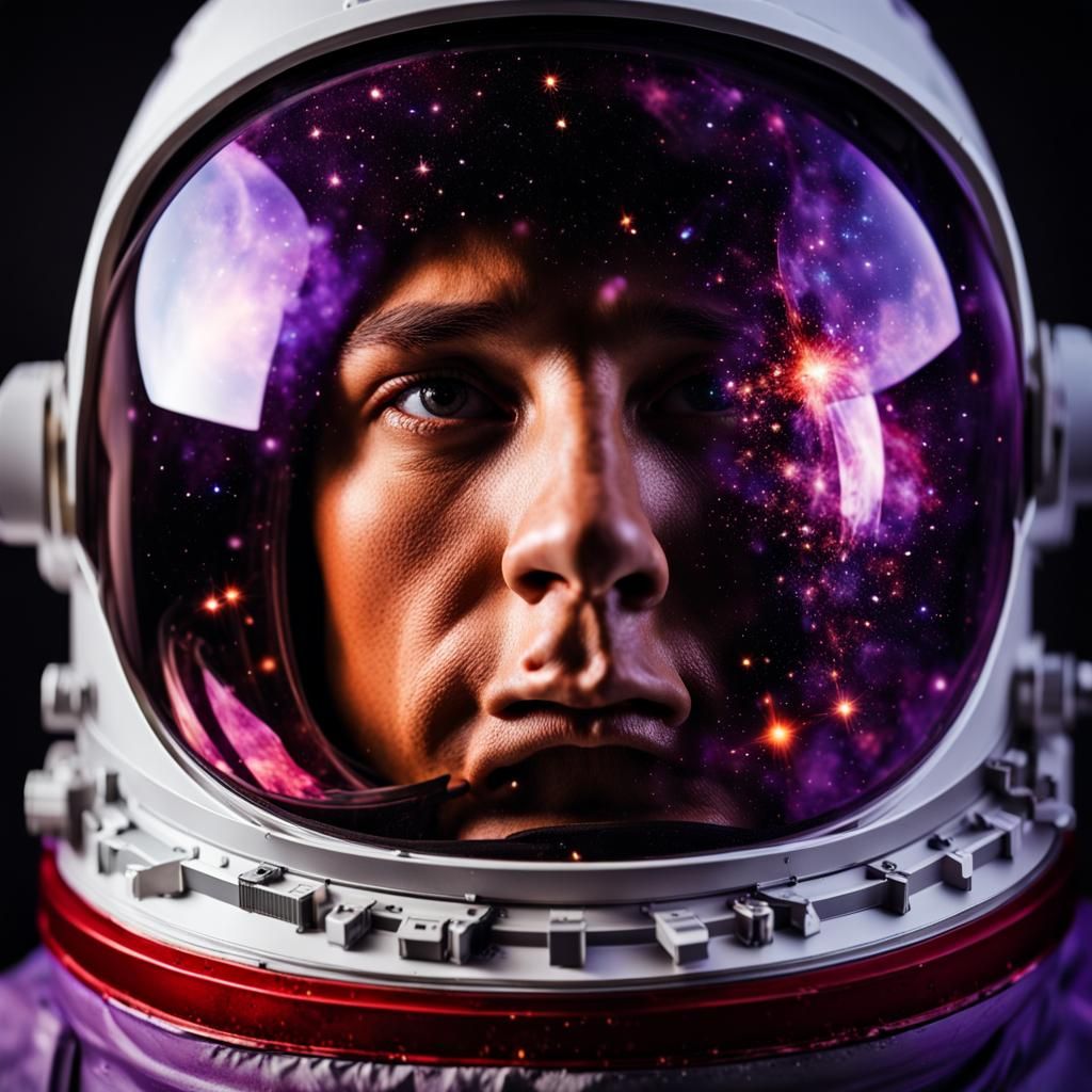 Astronaut Helmet Reflecting Exploding Galaxy in Professional...
