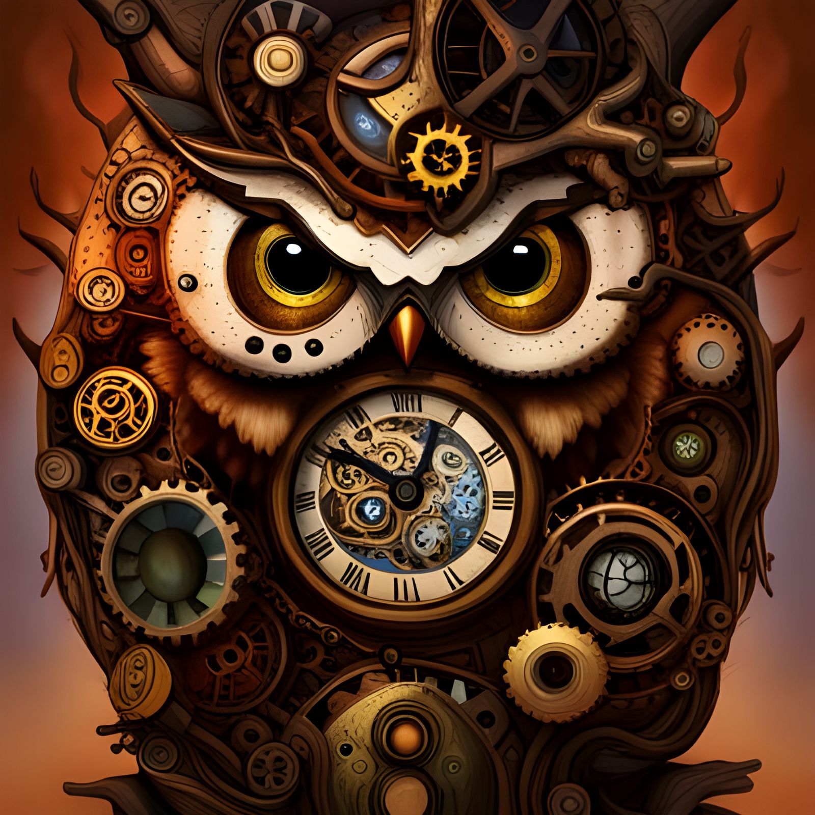 Steampunk Owl Clock with Gears in Forest