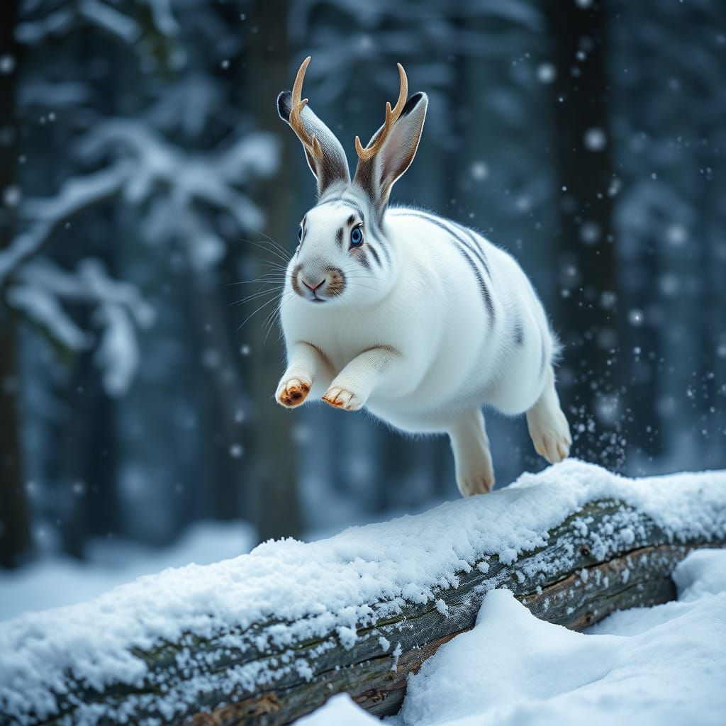 Majestic White Rabbit with Bengal Stripes Leaps through the....