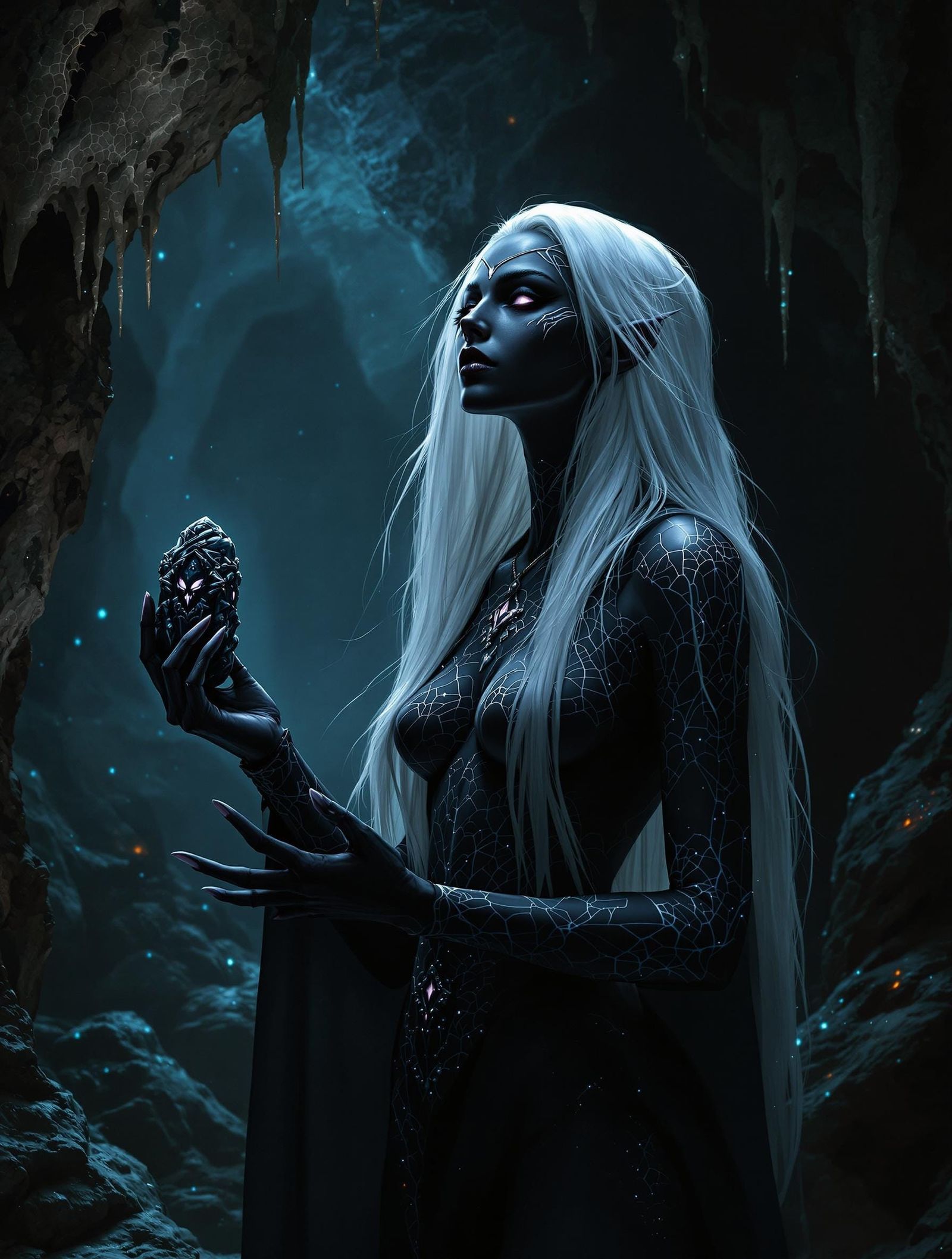 Drow Cleric of Lolth in Subterranean Cavern