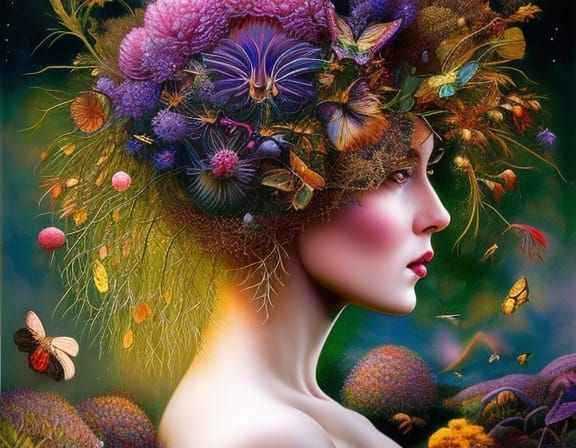 Surreal Brain Network with Woman in Flower Art