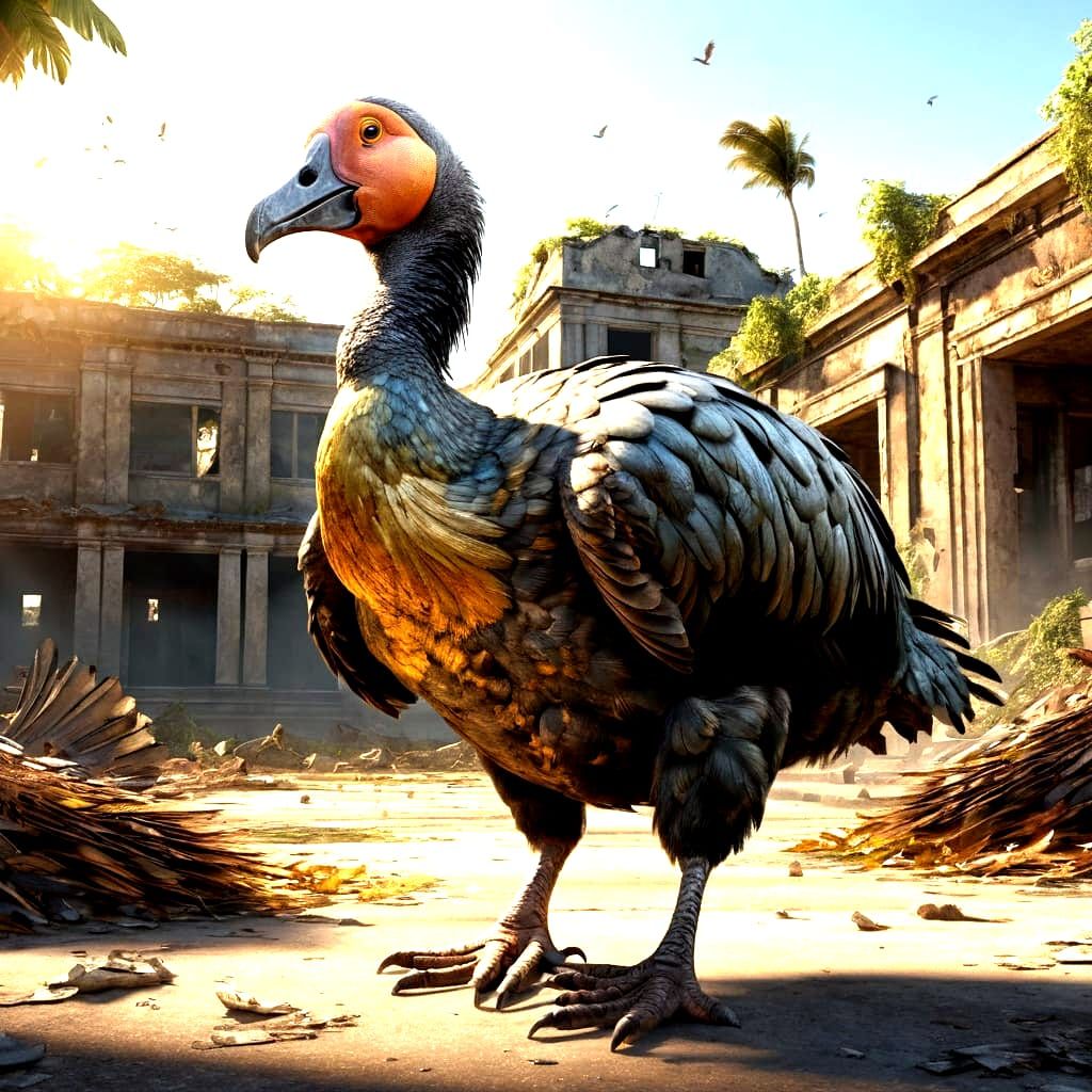Realistic Dodo Bird in War-Torn Schoolyard