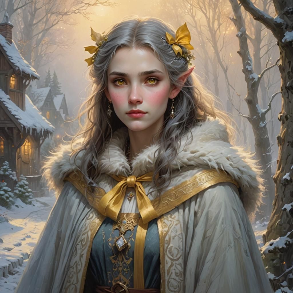Ethereal Slavic Half-Elf with White Bear, Fantasy Art