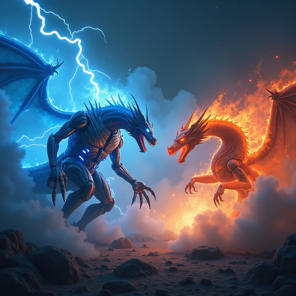 Lightning Robot vs Fire Dragon in Mystical Realm