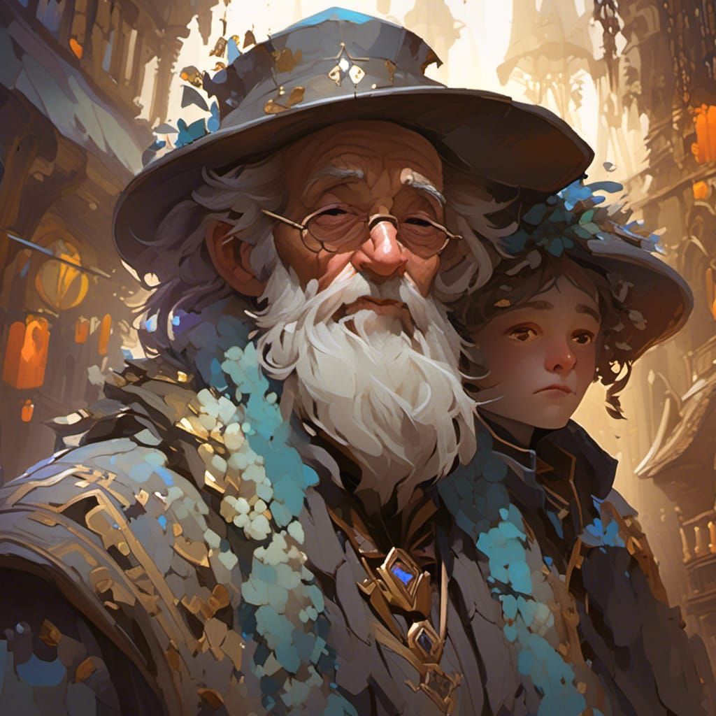 Stern Old Man and Young Grandson Portrait