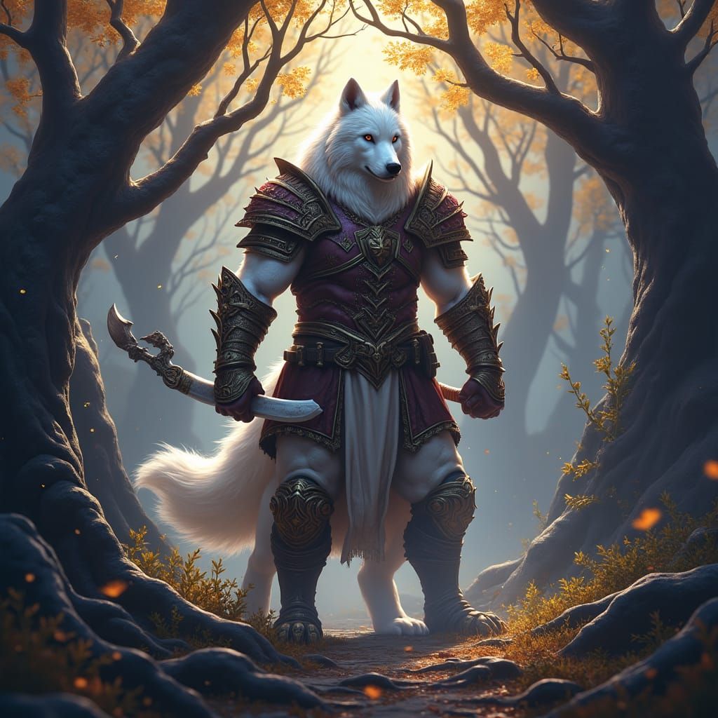 White Wolf Warrior in Mystical Forest, Dark Fantasy Art