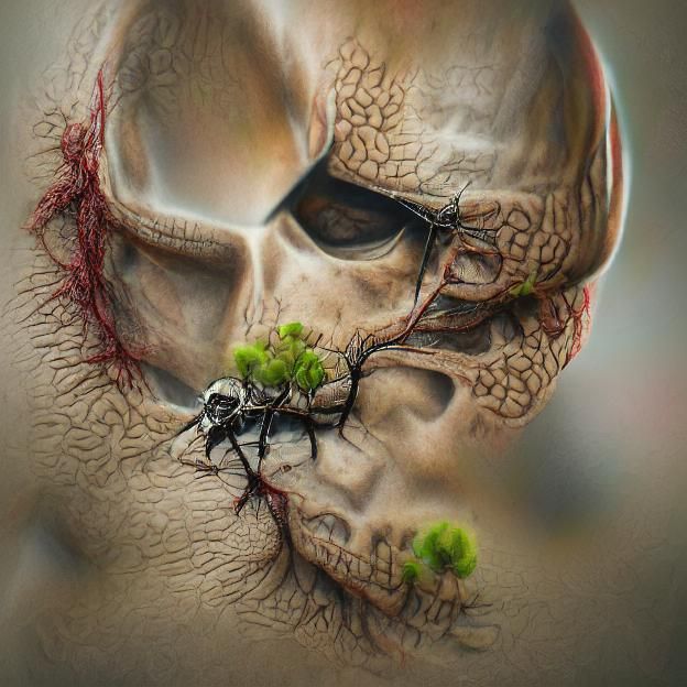 Cracked Skull with Tree and Ants: Charcoal Drawing