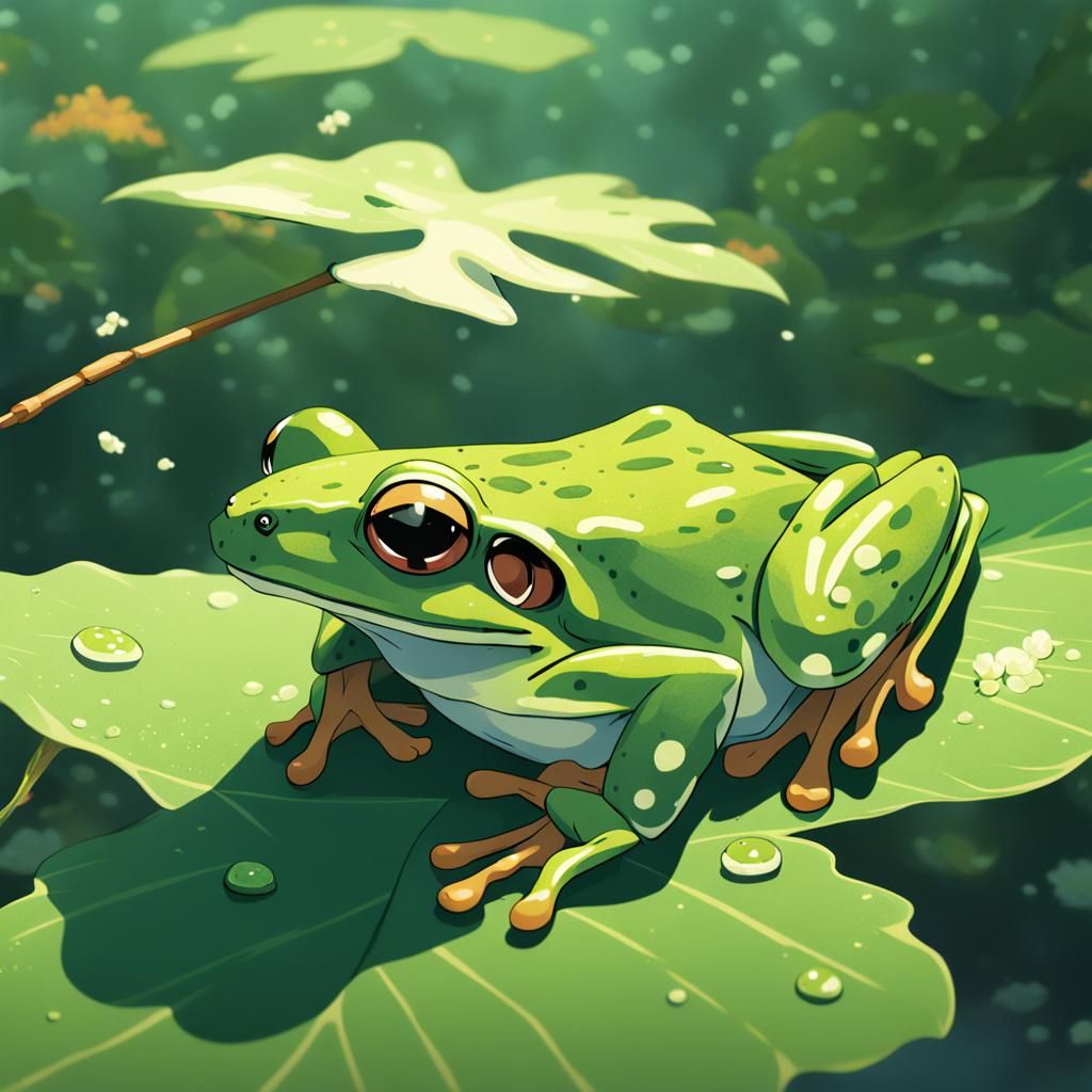 Frog on Leaf: Studio Ghibli Anime Visual