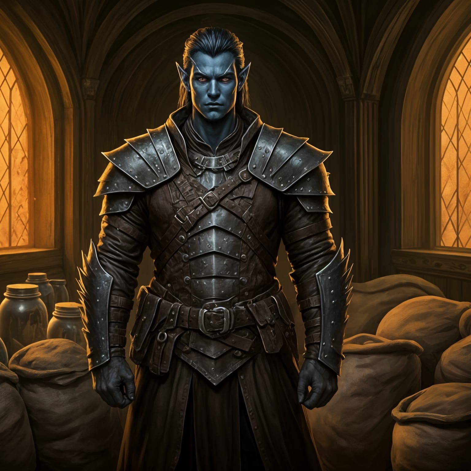 Drow Mercenary with Glowing Green Eyes in Tavern