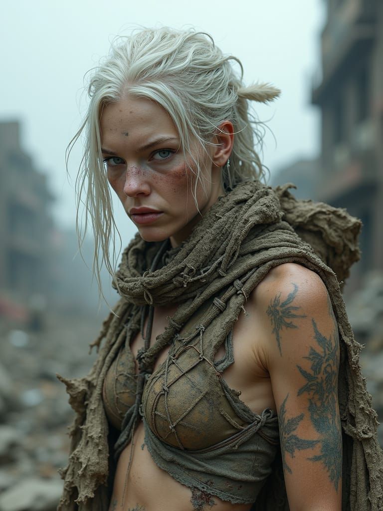 Albino Huntress in Grimy Wasteland Portrait