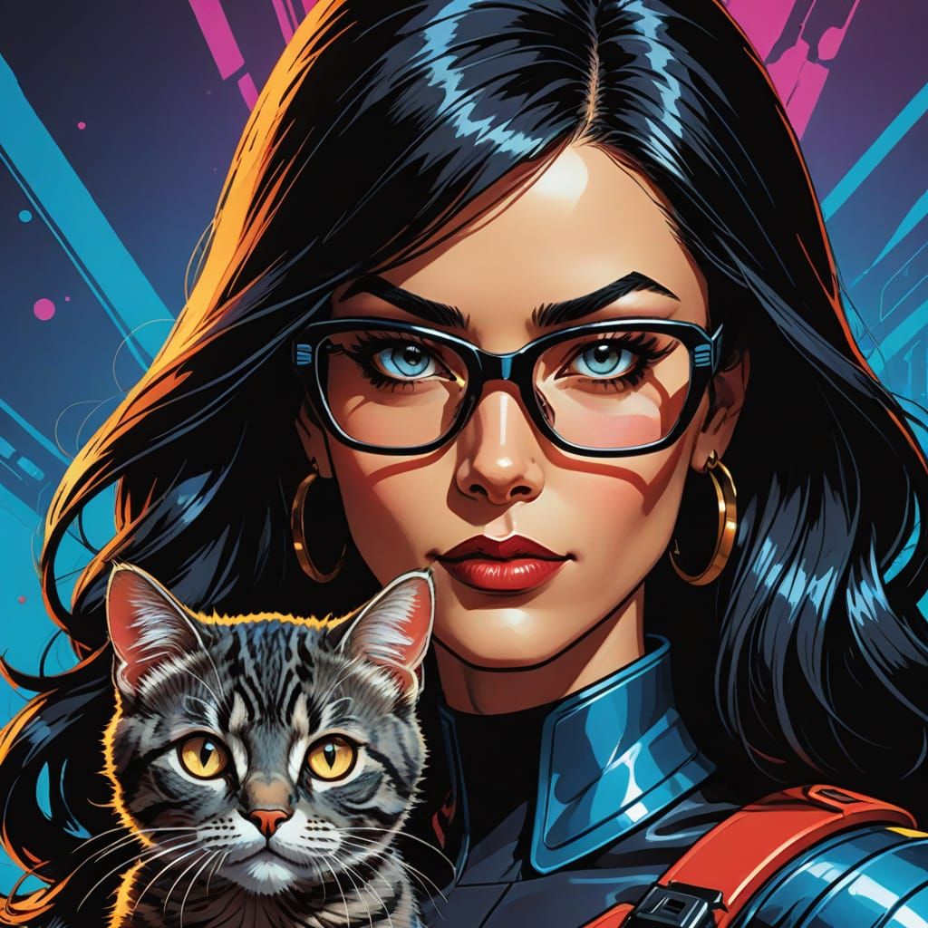 Comic Book Portrait of Baroness with Kitten in Stylized Shad...