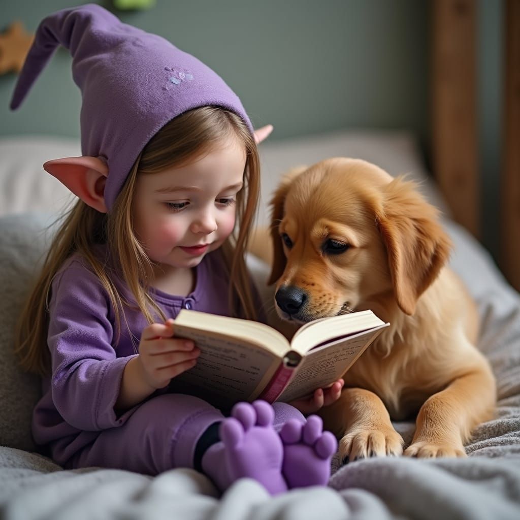 Reading a book with her dog