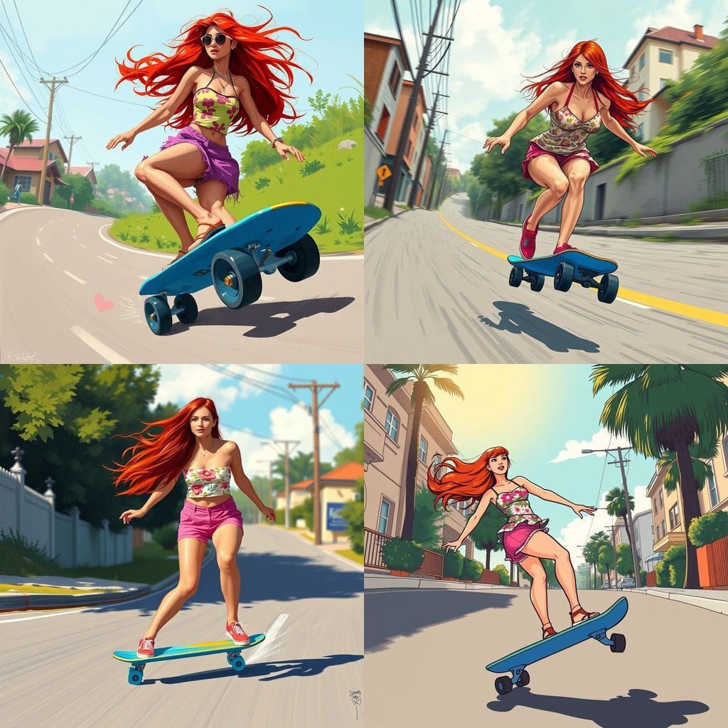 Woman with Red Hair Rides Skateboard Downhill