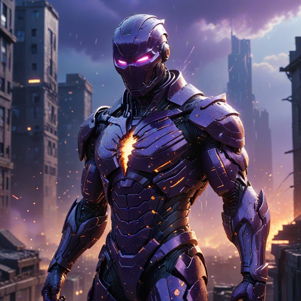 Biomechanical Anime Villain on Cracked Building