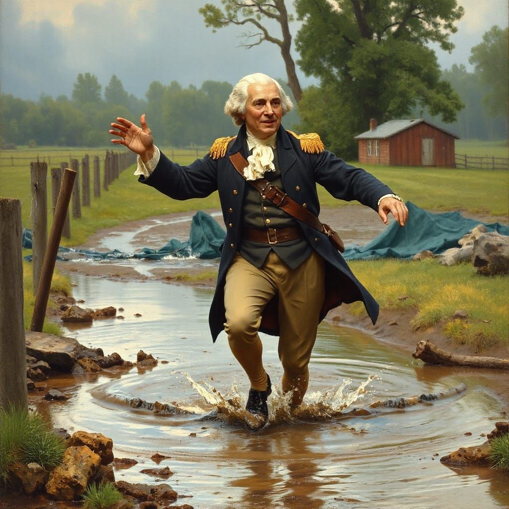George Washington Hopping Merrily Through Mud as Oil Paintin...