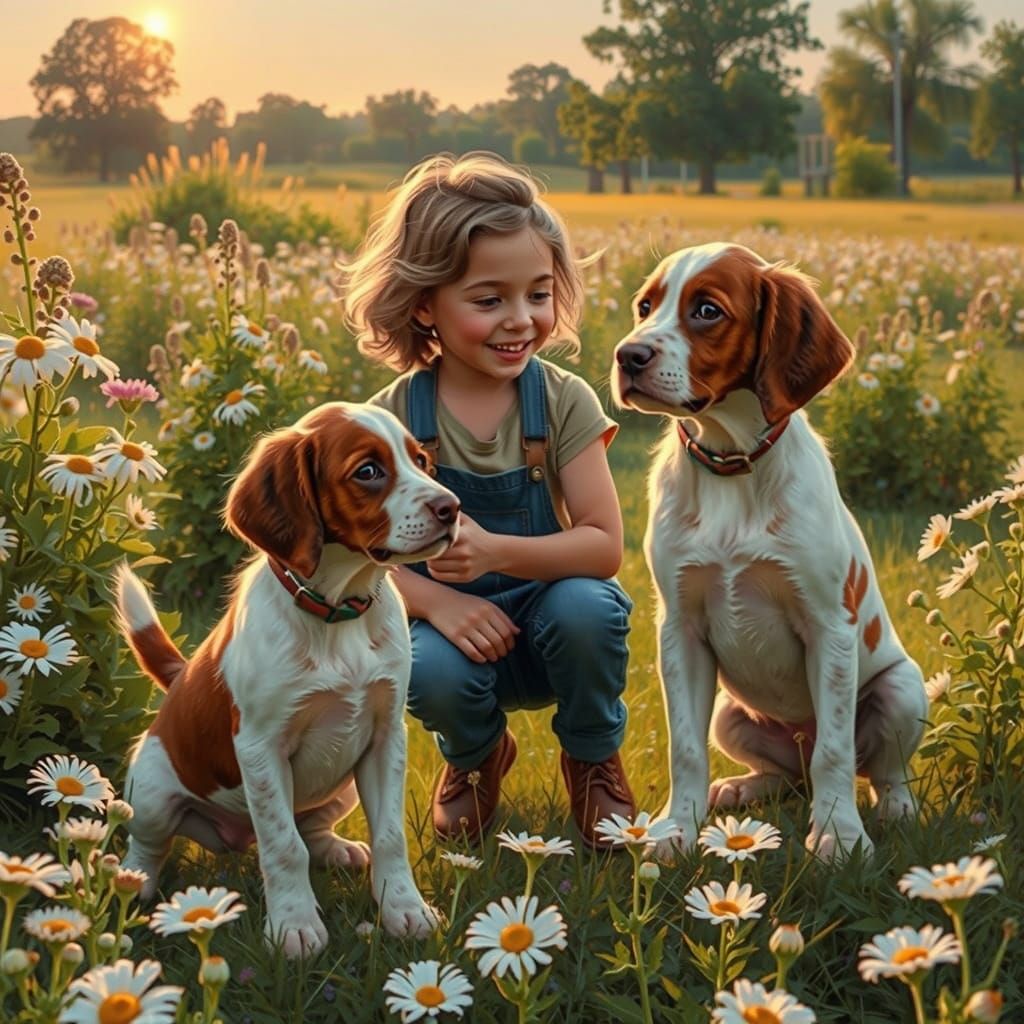 Brittany Spaniels in a Lush Wildflower Field