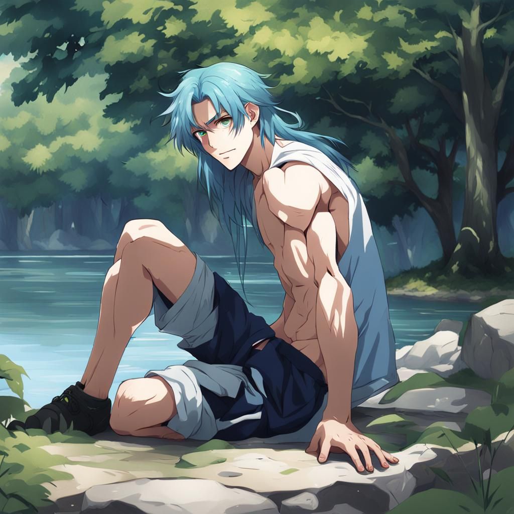 Anime Style: Blue-Haired Man by River