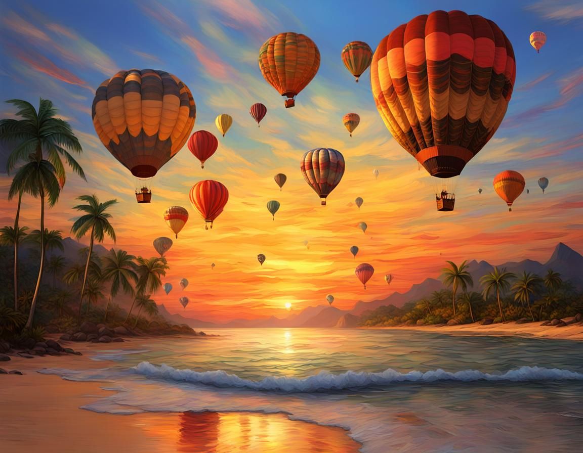 Sunset Hot Air Balloons: Impressionistic Tropical Beach