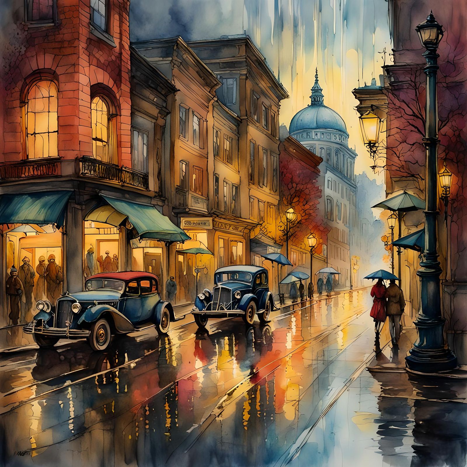 Rainy Day in Portland: Retro Ink and Watercolor