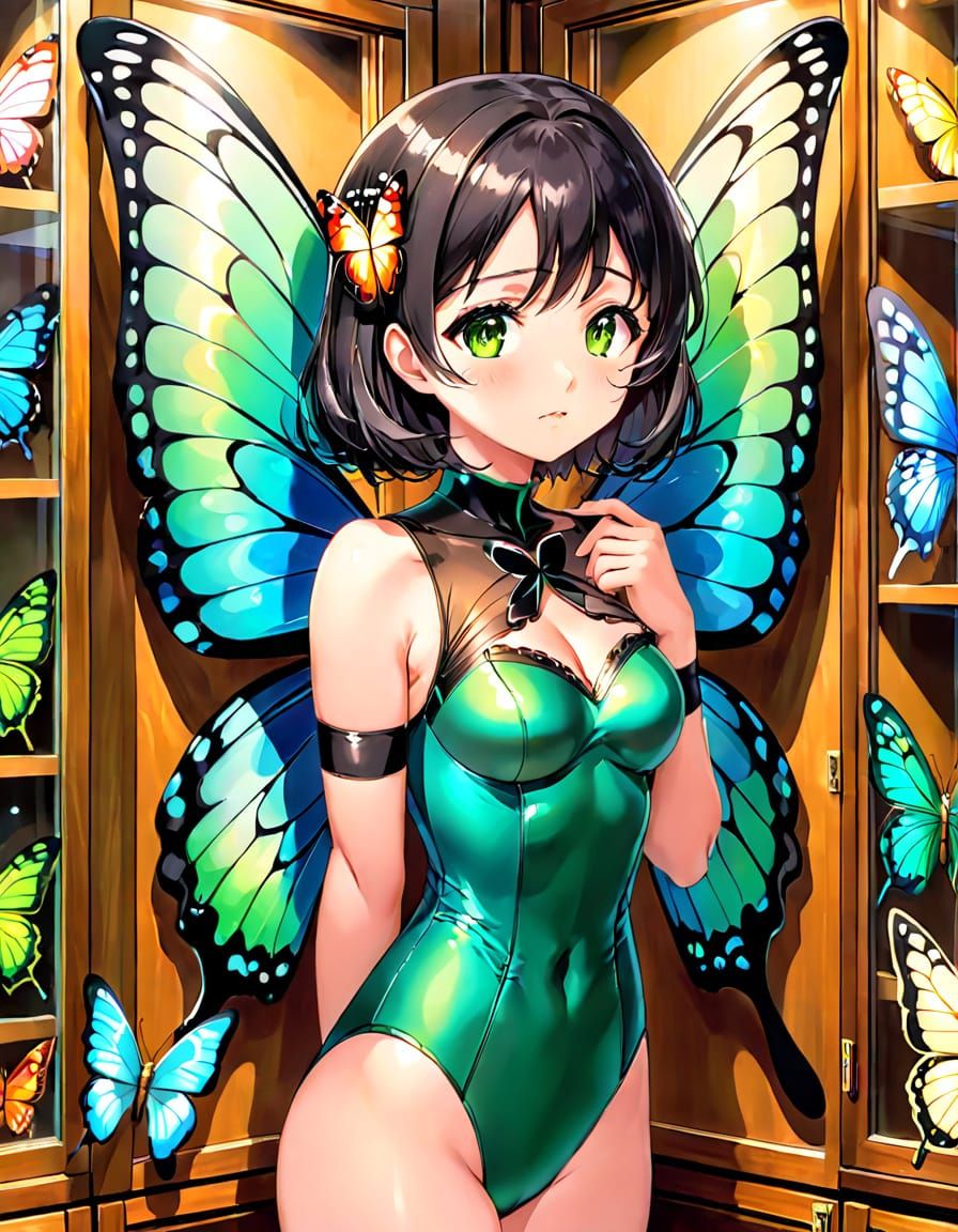 Confused Woman with Butterfly Wings in Museum