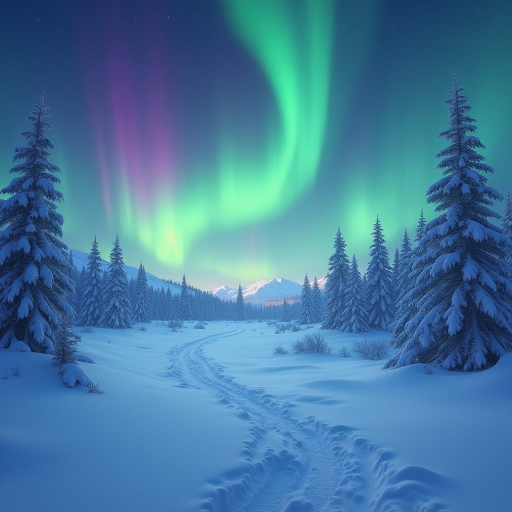 Ethereal Aurora Borealis Over Snow-Covered Hill
