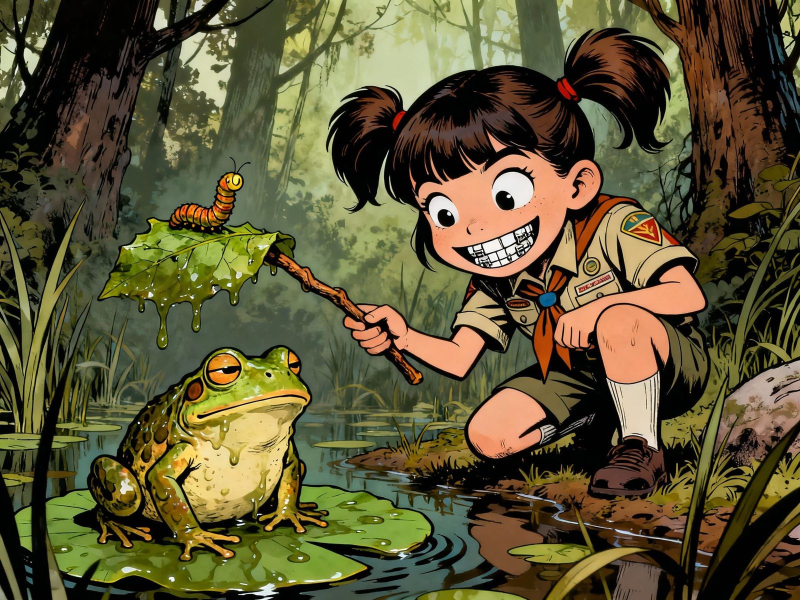 Dorky Girl Scout Pokes Bored Frog in Forest