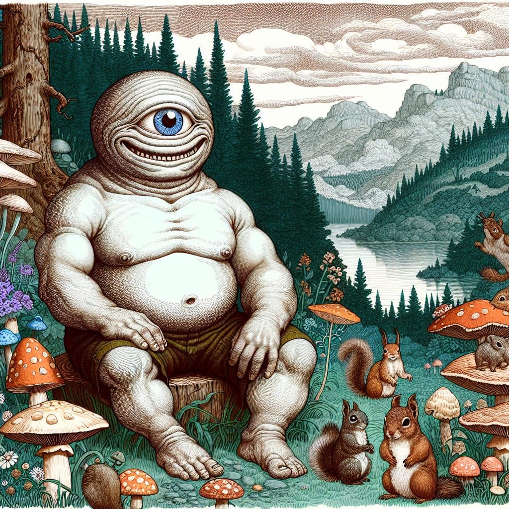 Serene Cyclops in Whimsical Mountain Landscape