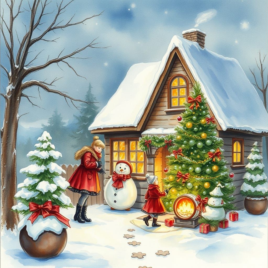 Victorian Christmas Scene in Watercolors