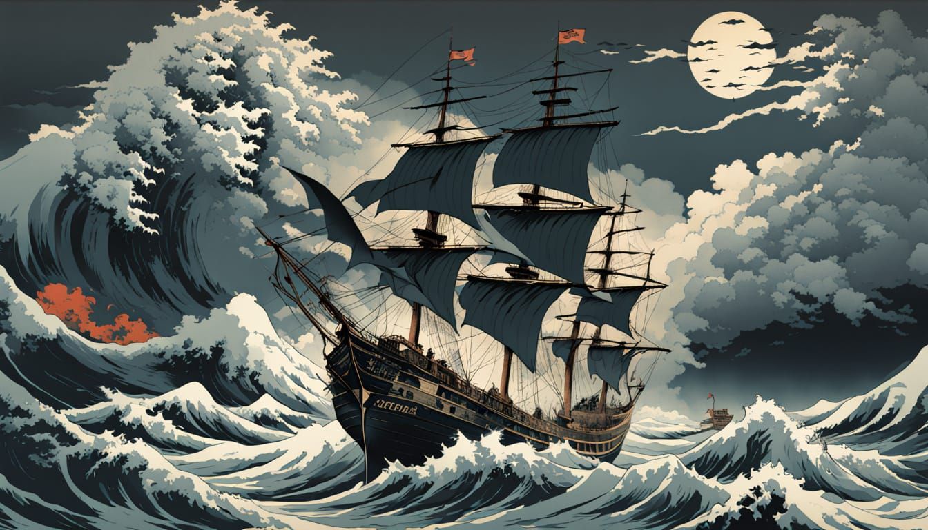 Ethereal Galleon in Stormy Seas, in the Style of Ukiyo-e