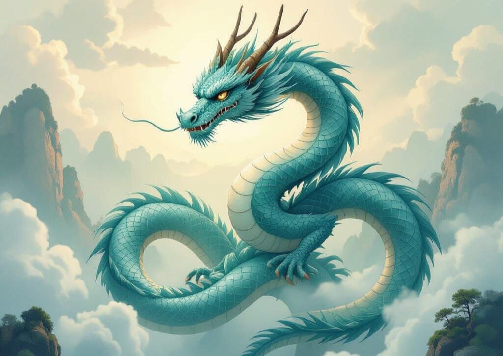Blue Water Dragon Among Clouds in East Asian Style