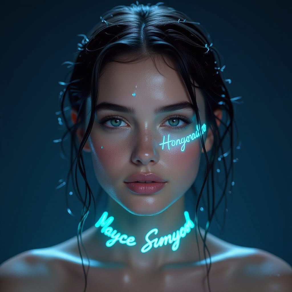 Cyberpunk Woman with Holographic Script: Hyper-Realistic Por...