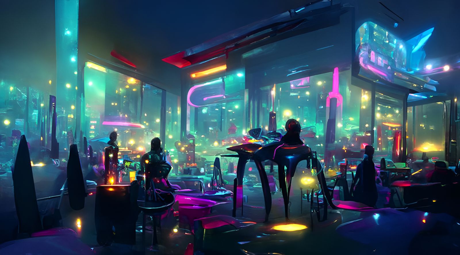 Futuristic Cyberpunk Cafe with Dancing Robots
