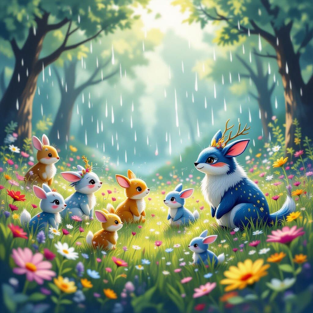 Enchanted Meadow Scene with Fairytale Creatures