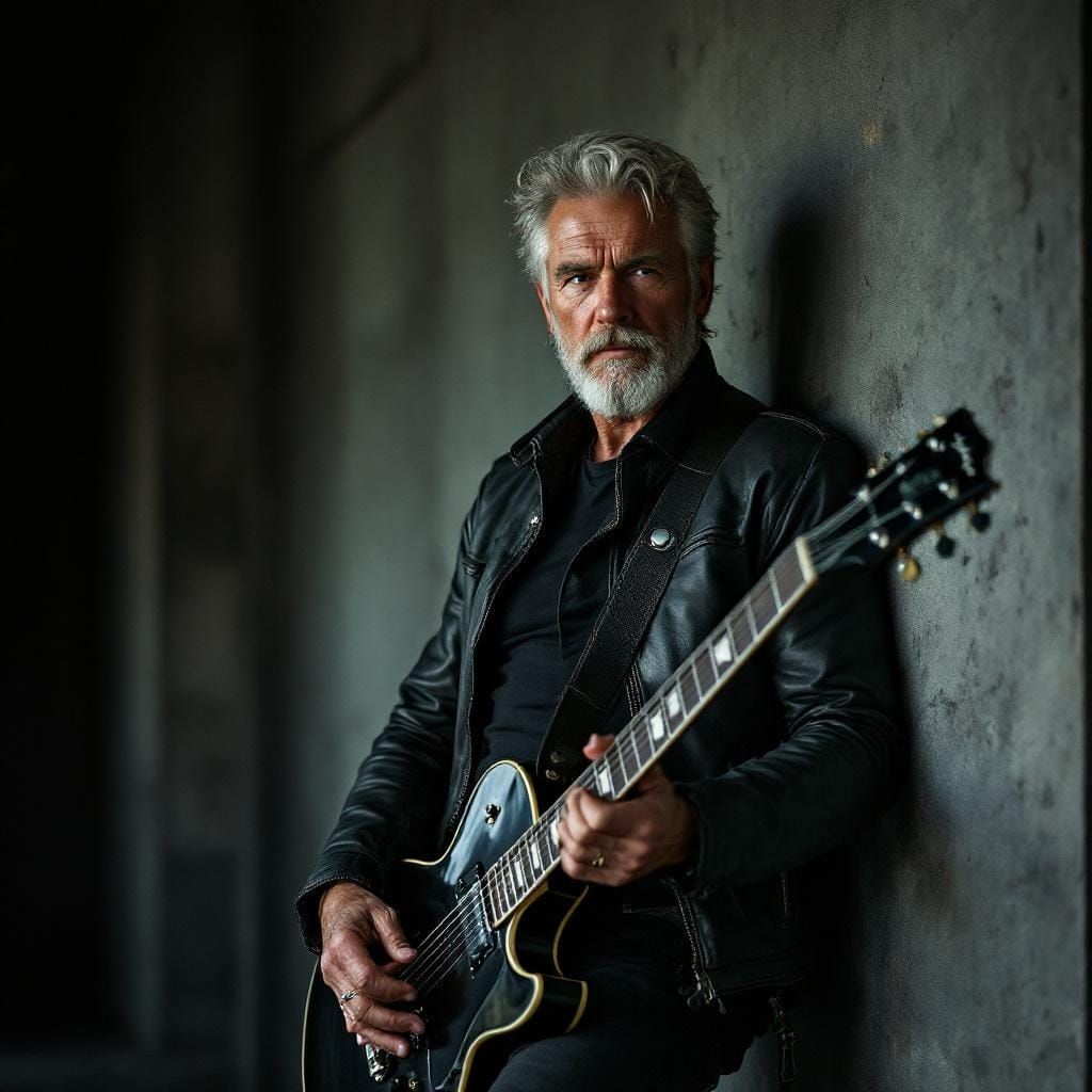 Stylish Older Man with Guitar in Cinematic Lighting