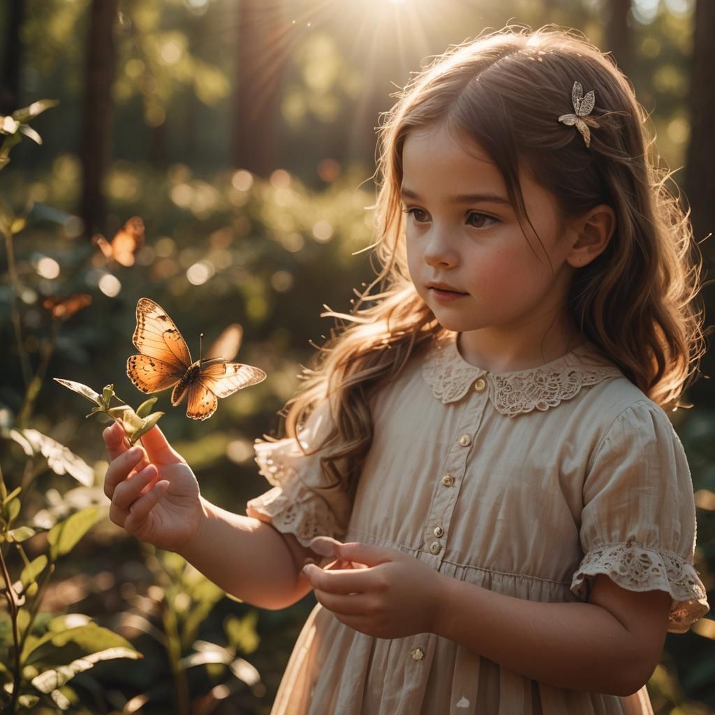 Girl Holds Butterfly in Sunlit Cinematic Style